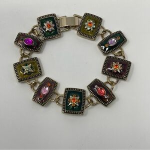 Napier Vintage Victorian Guilloche Enamel Panels Link Bracelet Gold Tone